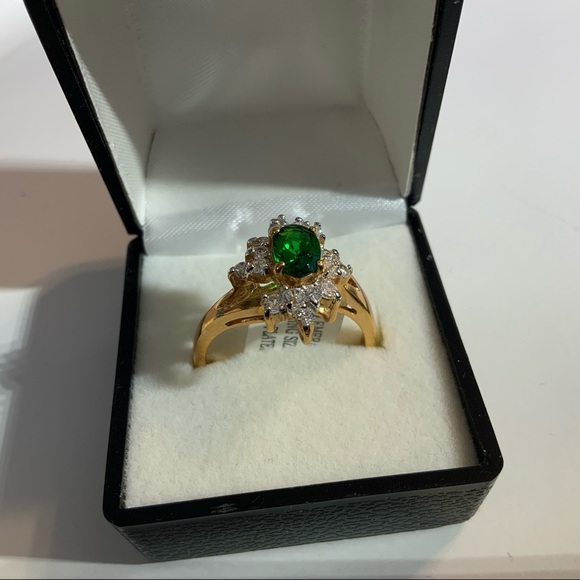 SYN EMERALD CLUSTER CZ GOLD PL RING SZ 10 14KT - Picture 4 of 16